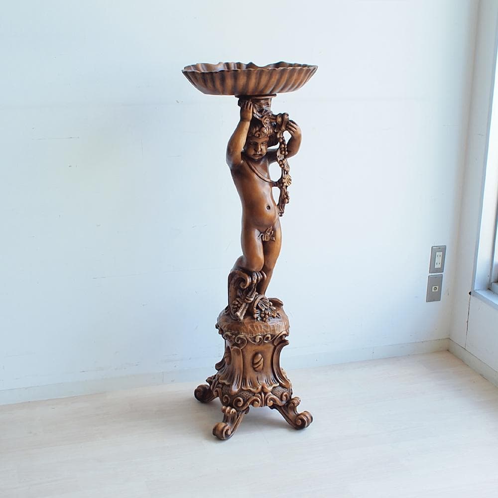 木彫り 天使 フラワースタンド 花台 彫刻 高さ128cm