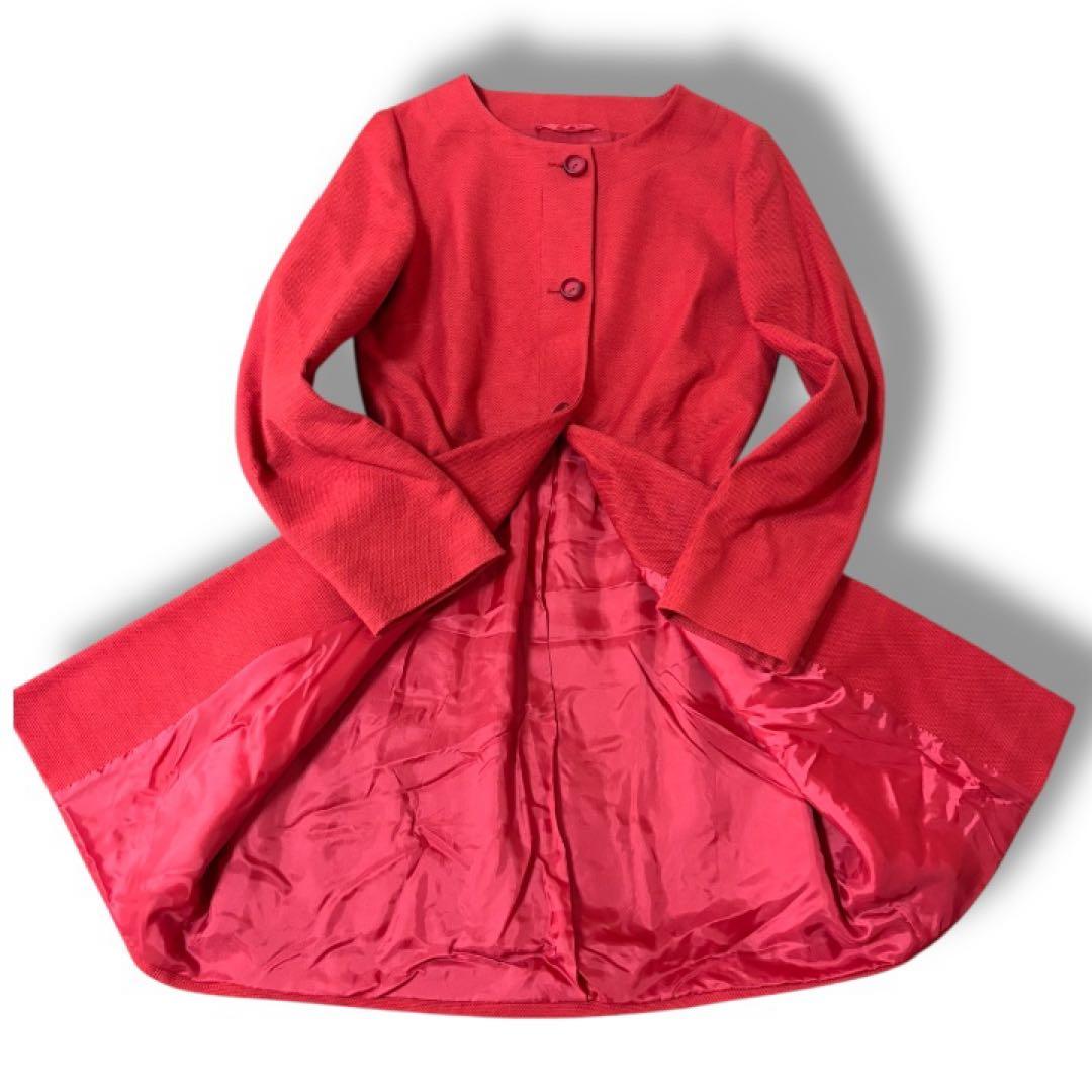 【美品】マックスマーラMaxMara STUDIO★ノーカラー★ミドルコートL赤