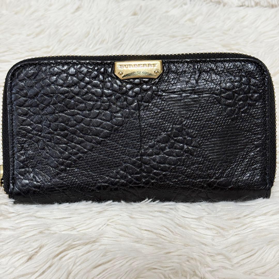 【希少】バーバリー　クロコ型押し　ゴールド金具　長財布　ラウンドファスナー