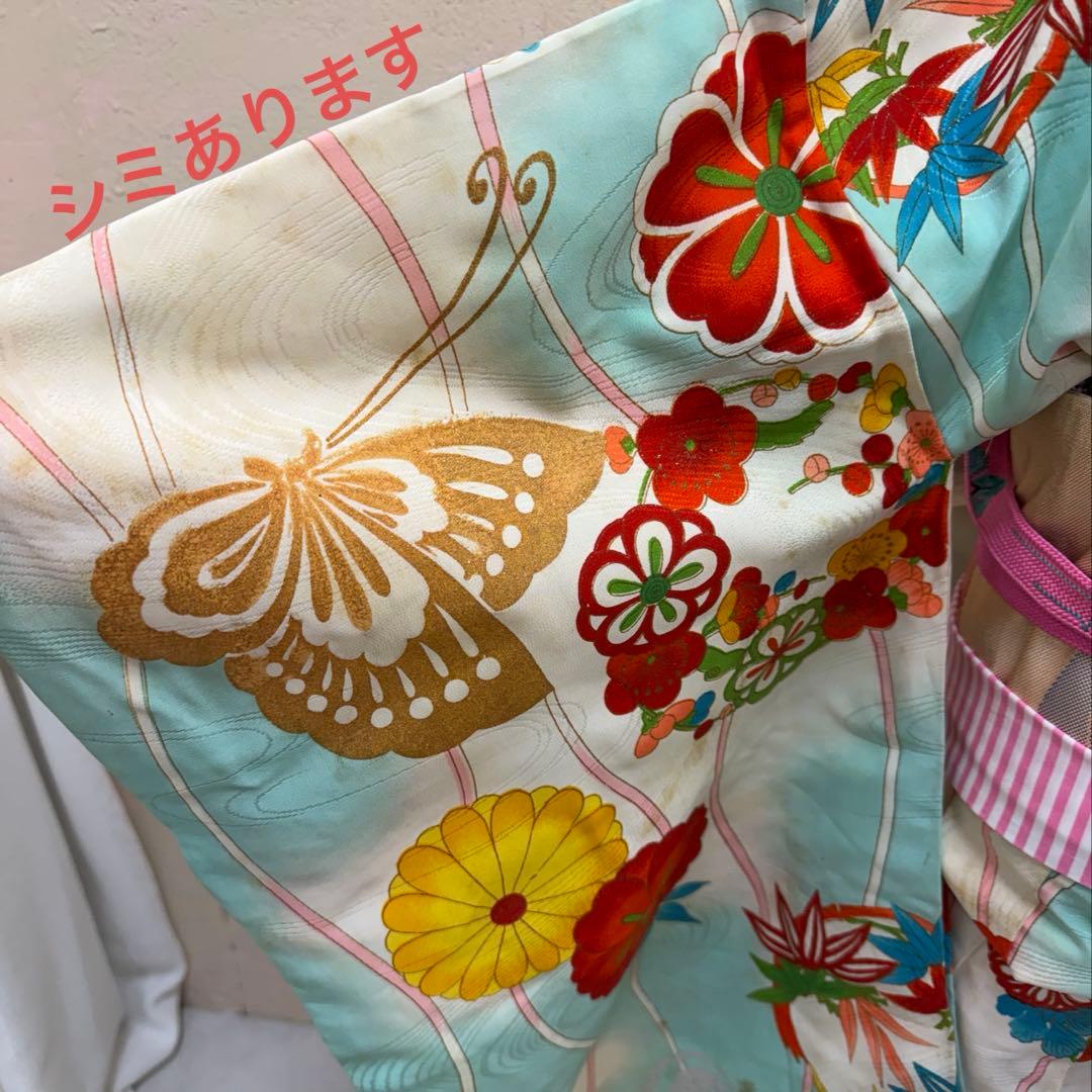 No.k001 七五三 7歳 着物 フルセット 水色 レトロ柄 ※シミあり