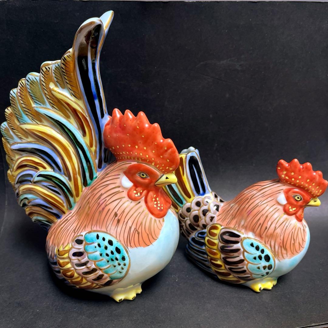 九谷焼　金彩　縁起干支　丁酉　鶏　夫婦　置物