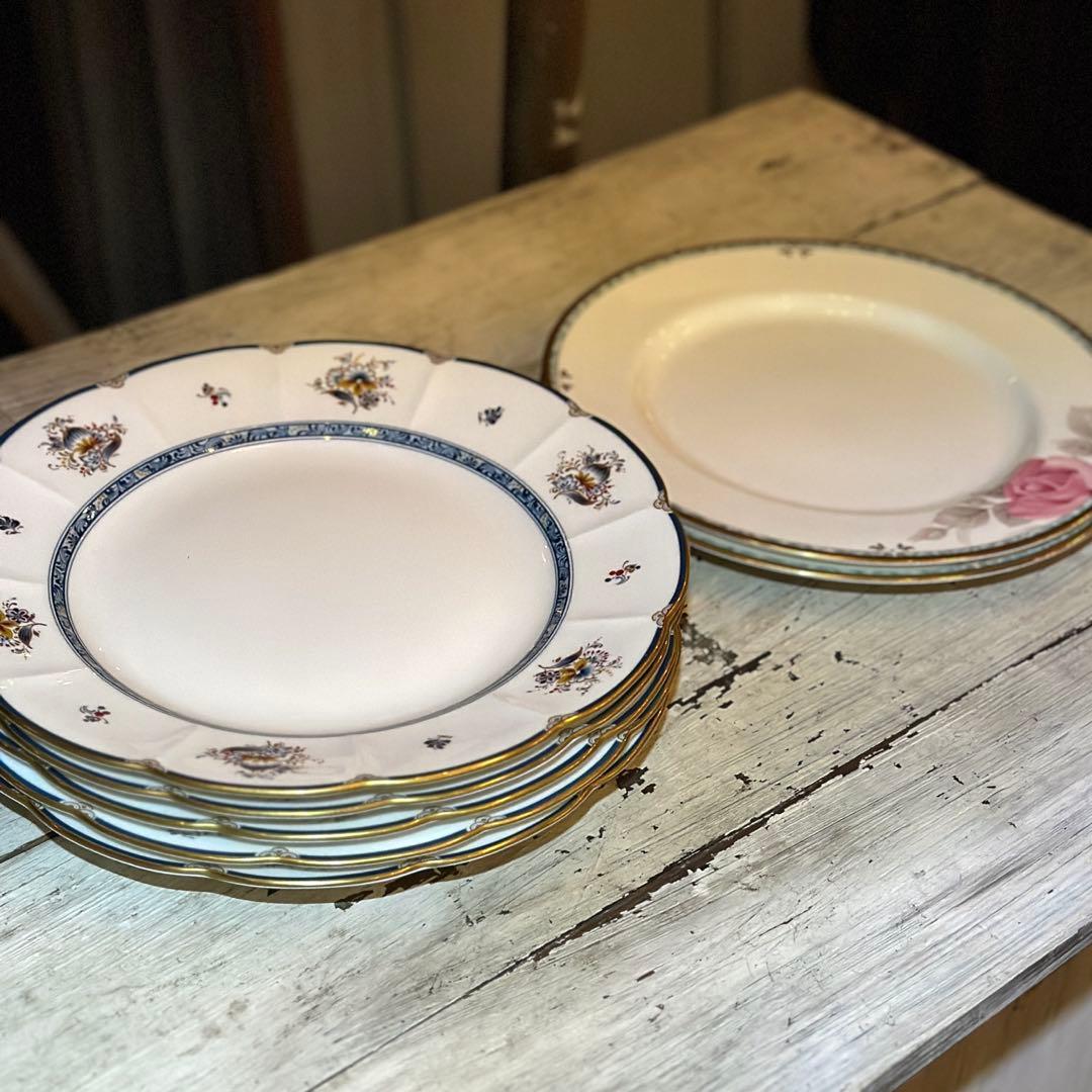 ナルミ　花柄と金縁の皿セット7枚　金彩　ボーンチャイナ　シャリラムーン　カレス