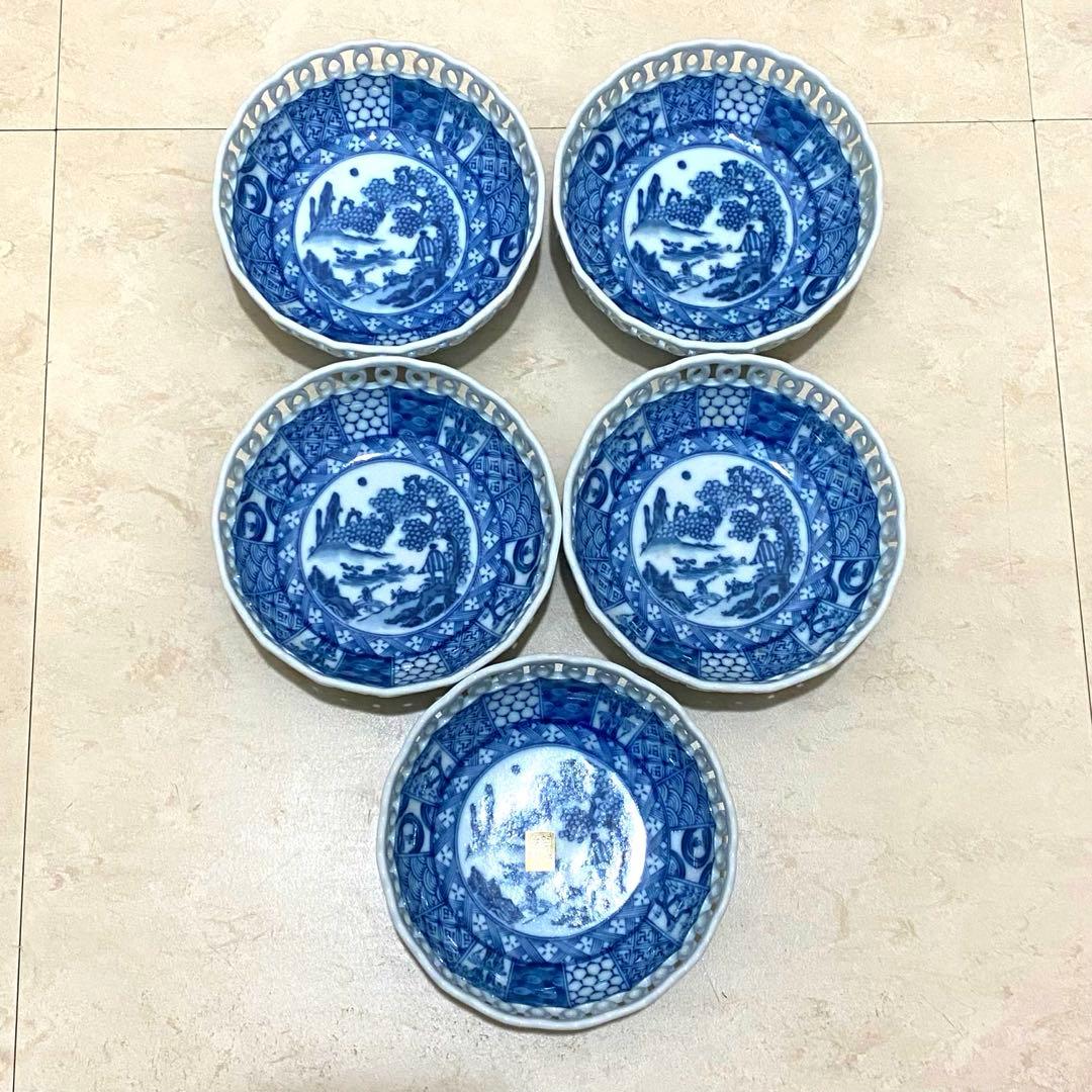 美濃焼　龍峰窯　染付　祥瑞丸紋透かし　中鉢揃　三洋陶器 5客揃 セット