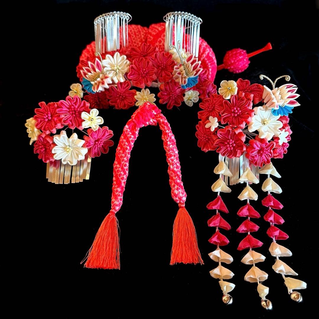 勝山髪飾り 七五三 7歳 (濃いピンク×クリーム色) 蝶