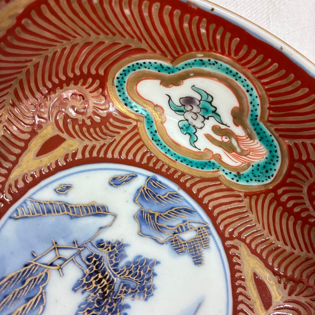 古伊万里 中鉢 赤絵 窓絵龍 山水 金彩 骨董品