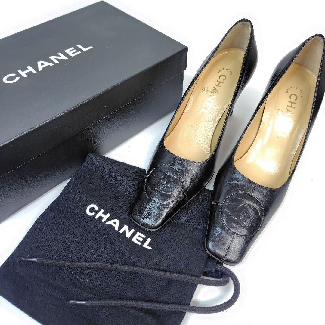 ★美品★シャネル パンプス 36C ココマーク エンボス スクエア レザー