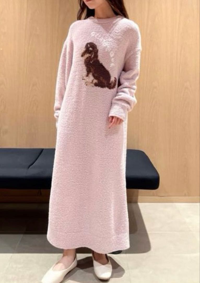 【新品】ジェラートピケ　ダックスフンド柄DOG ジャガードワンピース　ピンク