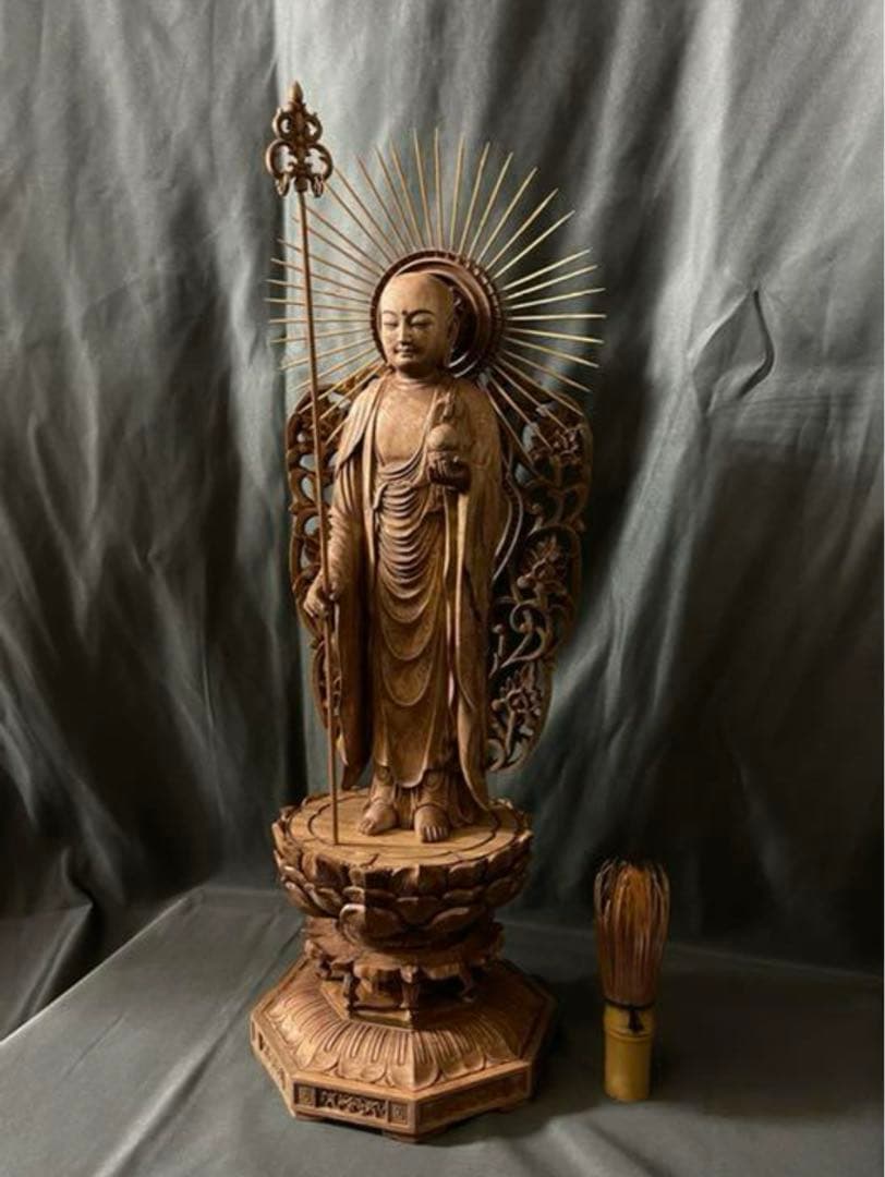 大型高46cm 井波彫刻　仏教工芸品　楠材製　極上彫　木彫仏像　地蔵菩薩立像