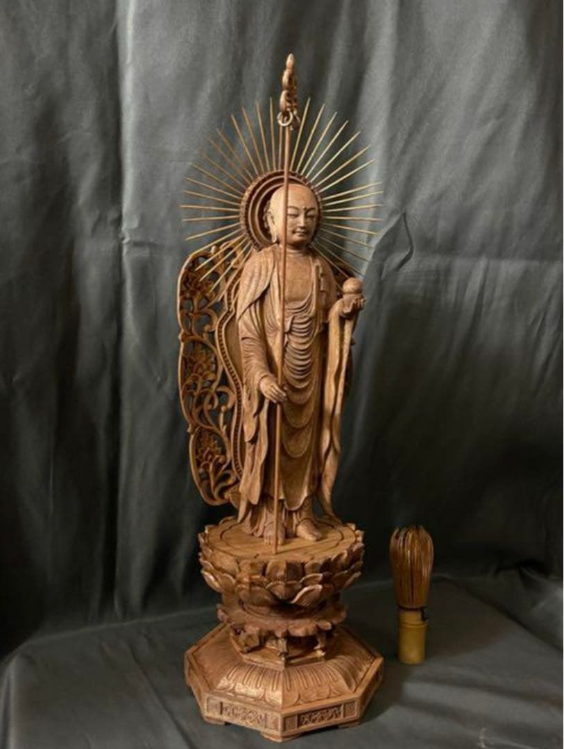 大型高46cm 井波彫刻　仏教工芸品　楠材製　極上彫　木彫仏像　地蔵菩薩立像