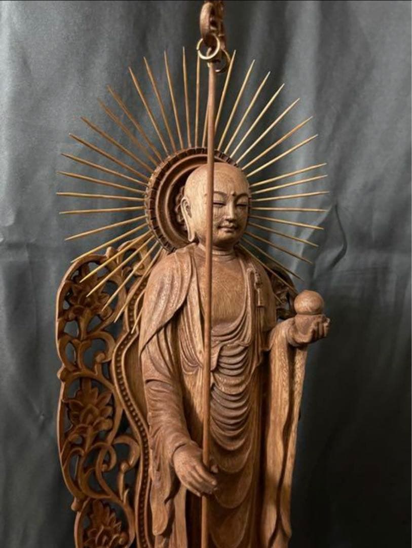 大型高46cm 井波彫刻　仏教工芸品　楠材製　極上彫　木彫仏像　地蔵菩薩立像