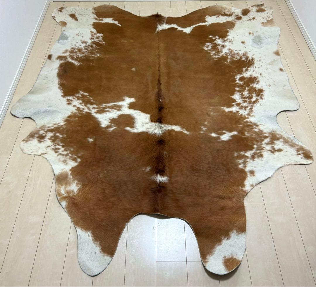 牛革ハラコ 特大 240×212cm キャメル×アイボリー レザー　ラグ