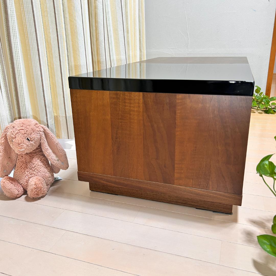 【美品】スライド収納付ローテーブル 幅90cm 木目×ガラス調天板 完成品