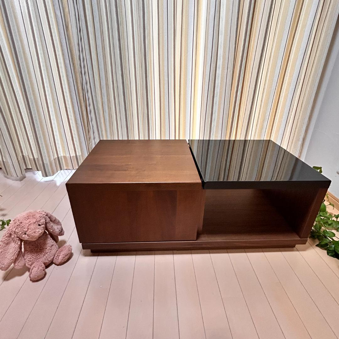 【美品】スライド収納付ローテーブル 幅90cm 木目×ガラス調天板 完成品