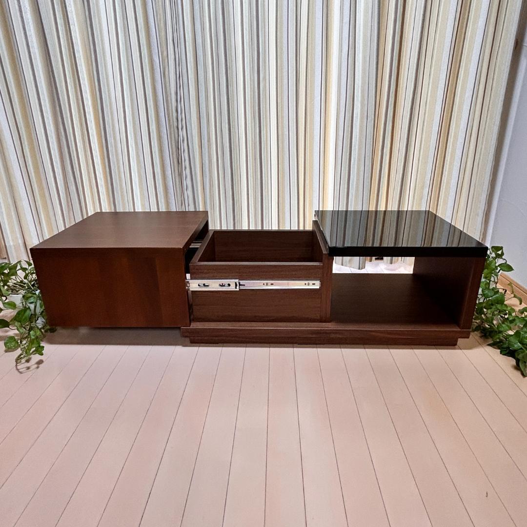 【美品】スライド収納付ローテーブル 幅90cm 木目×ガラス調天板 完成品