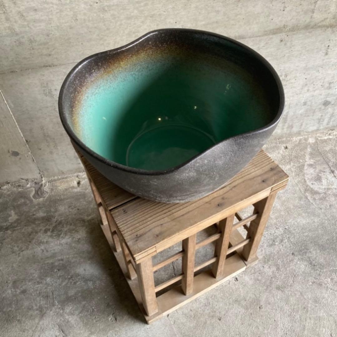 信楽焼 睡蓮鉢 めだか鉢 金魚 水鉢 植物 花器 大型 深鉢 緑色 和風 陶器