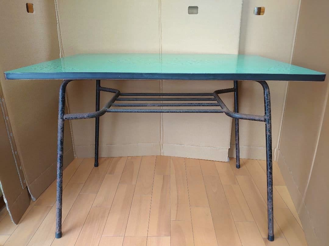 昭和レトロ アイアン脚 食堂テーブル アンティーク 家具 グリーン 古道具