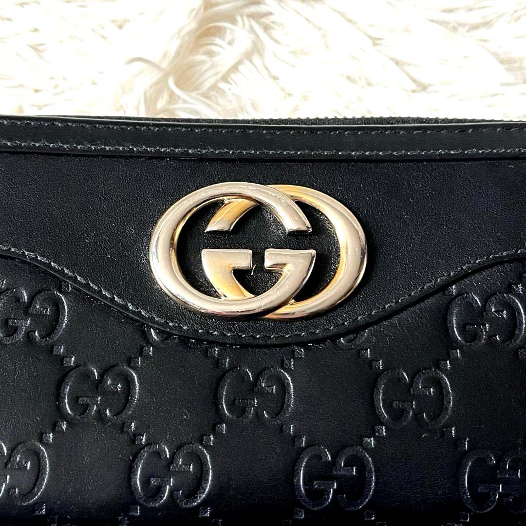 GUCCI美品 長財布 GGグッチシマ レザー ブラック 　インターロッキング
