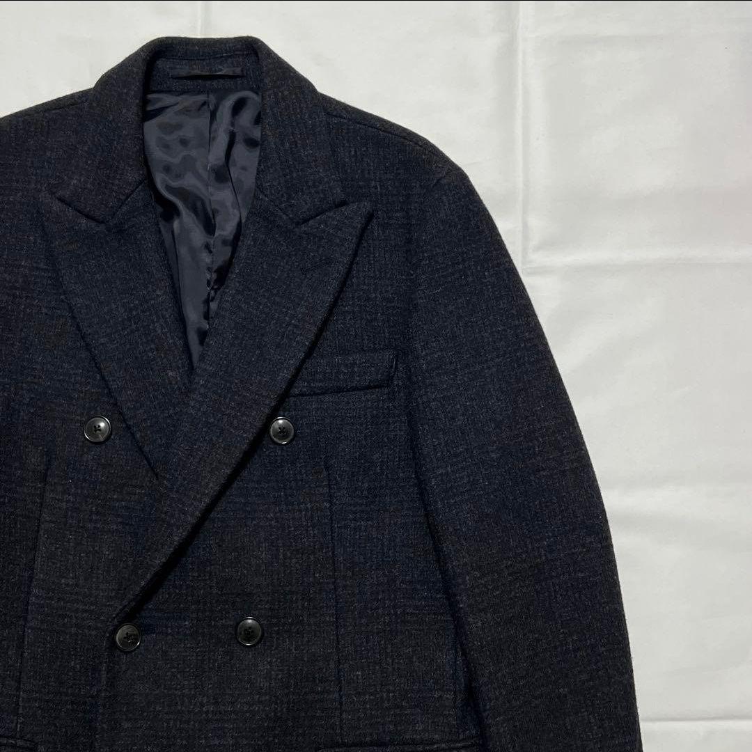 極美品✨EDIFICE ダブル チェスターコート カシミヤ混 ネイビー チェック