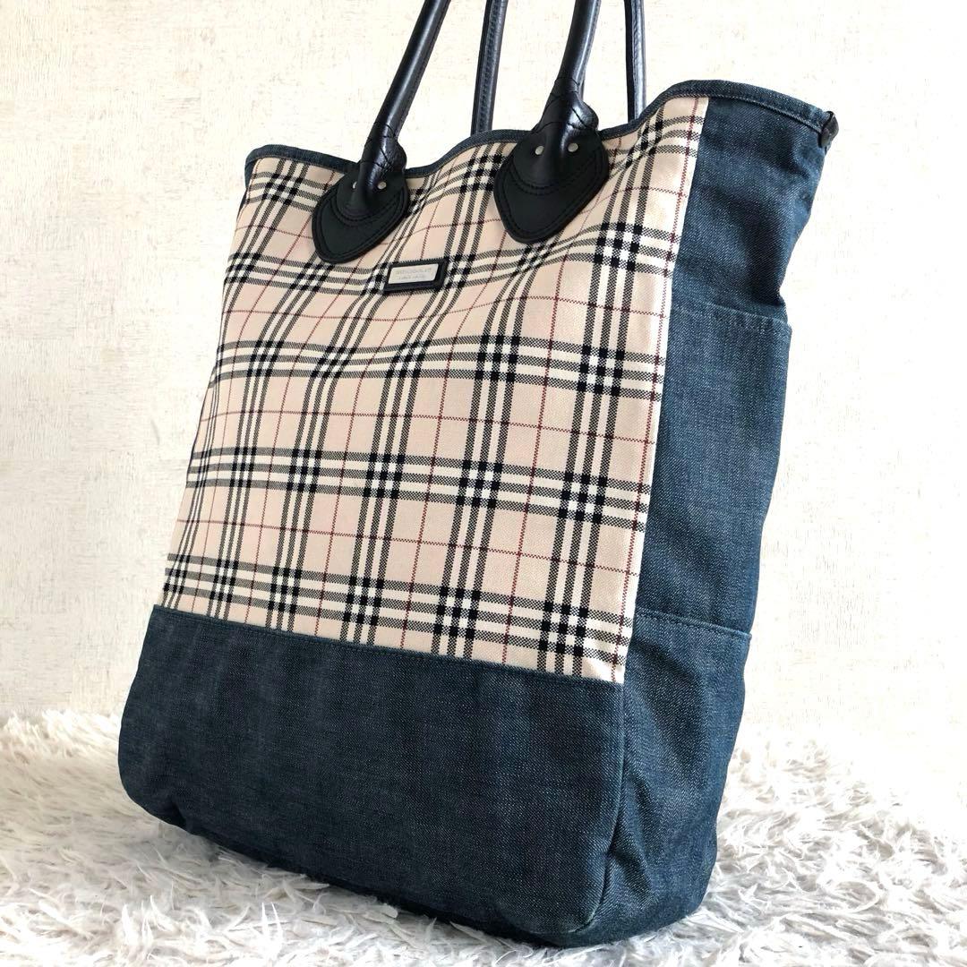 【美品】バーバリーブラックレーベル　トートバッグ　本革　デニム　ノバチェック