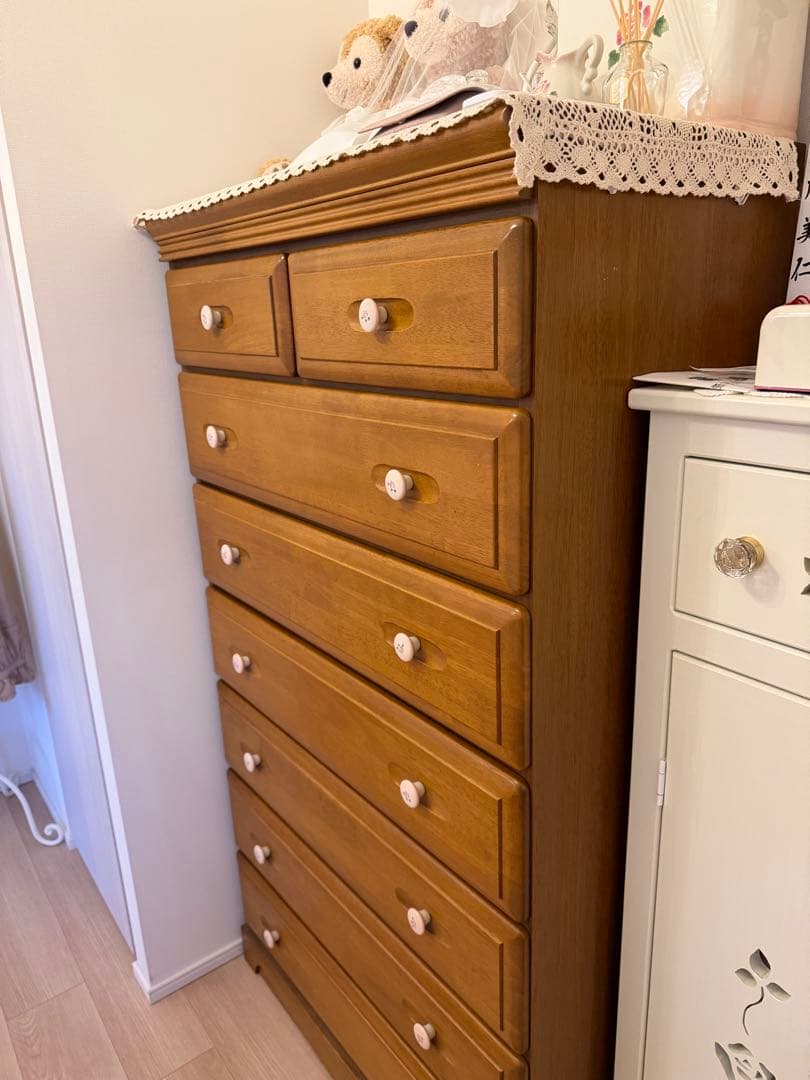 マニーローズ取手付き　木製チェスト7段 8引き出し ナチュラル仕上げ