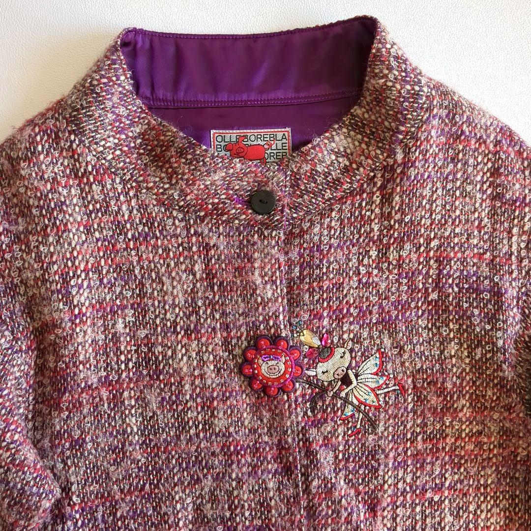 アルベロベロ ツイードコート モヘヤ混 ウール ブタさん 刺繡 アップリケ 花