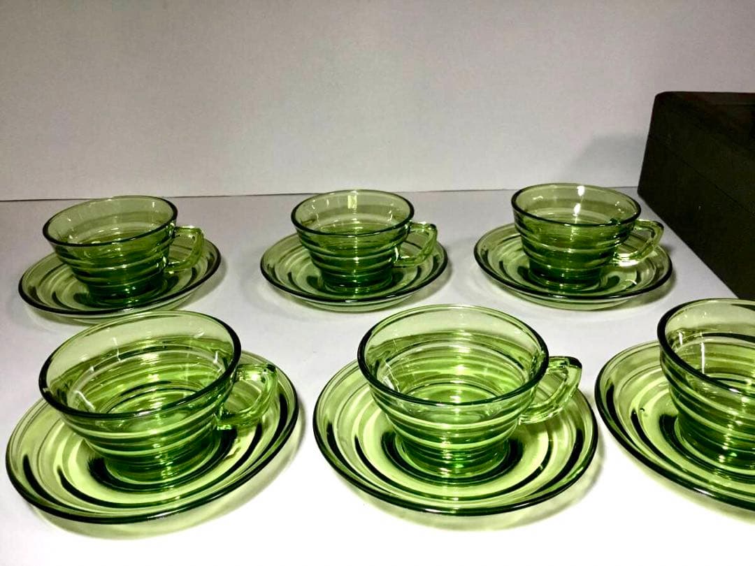 アールデコ◆ガラスカップ&ソーサー6客◆緑 グリーン 昭和レトロ プレスガラス
