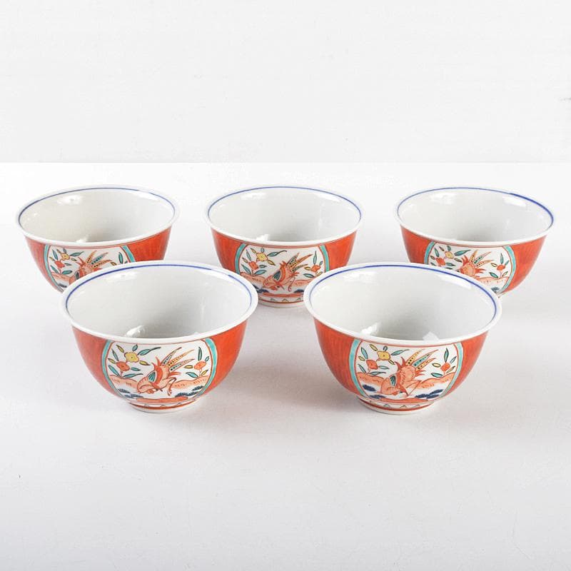 九谷焼　味渓窯　矢口永寿造　赤絵　花鳥文　汲出茶碗　五客　共箱　M　R5223