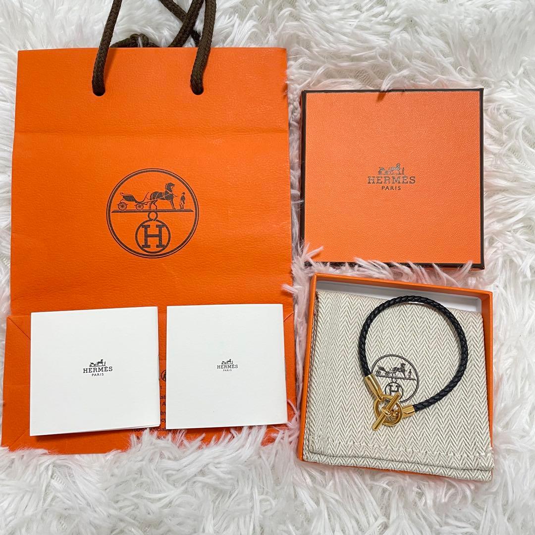 美品　HERMES グレナン ブレスレット ブラック×ゴールド　金具 レザー