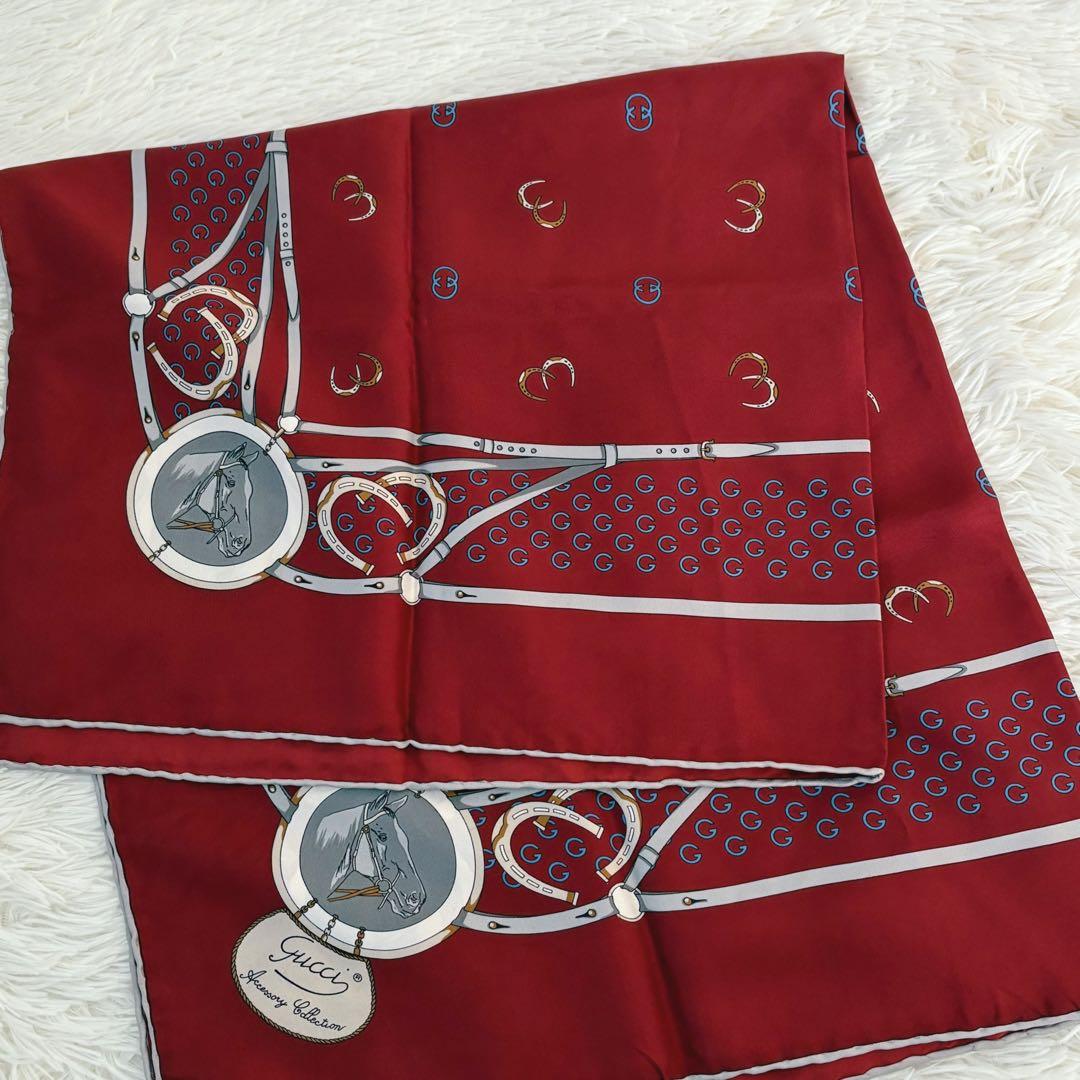 GUCCI ヴィンテージ スカーフ 馬モチーフ シルク100% イタリア製　赤系