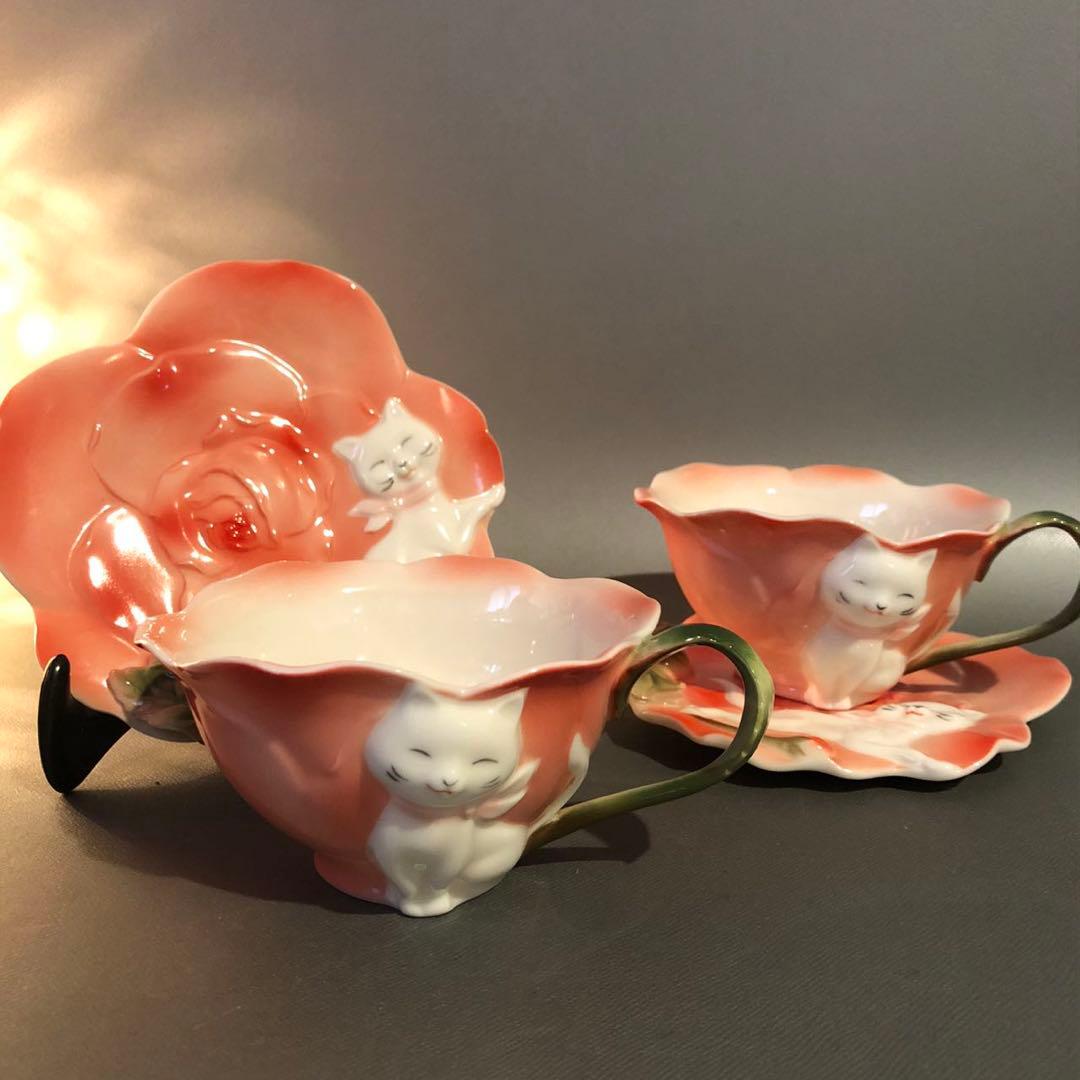 N278、華麗なる立体花 硬質磁器 急須コ—ヒ— 红茶 カップ&ソーサー セット