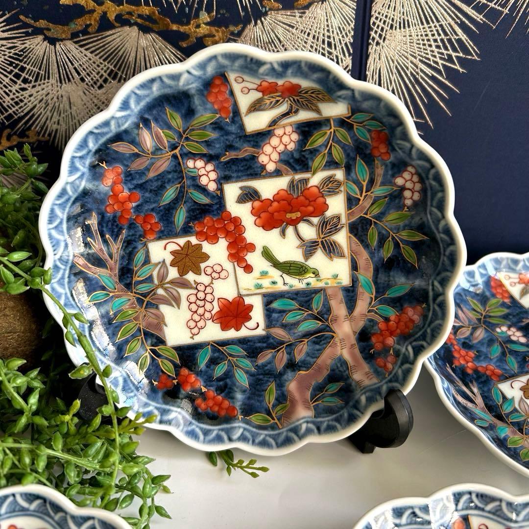 福右衛門　古伊万里 手描き　染錦 花果模様 波型皿 4枚セット