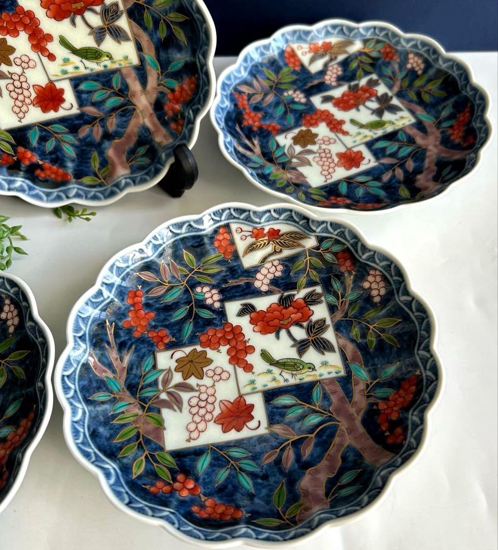 福右衛門　古伊万里 手描き　染錦 花果模様 波型皿 4枚セット