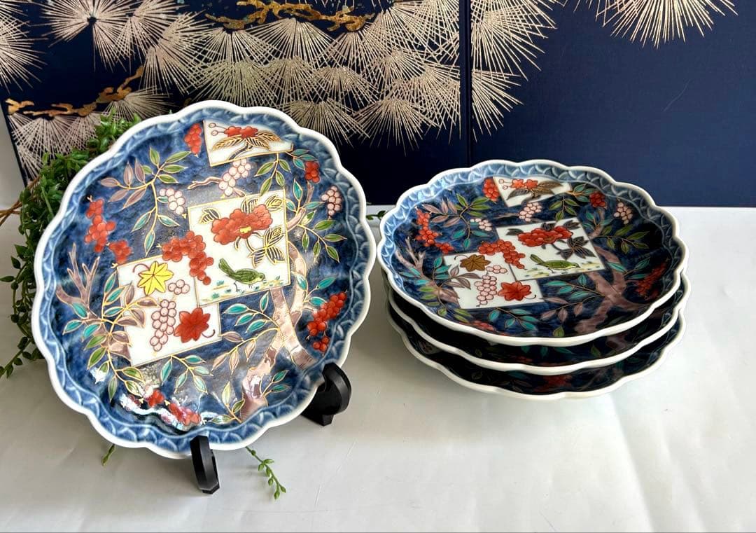 福右衛門　古伊万里 手描き　染錦 花果模様 波型皿 4枚セット