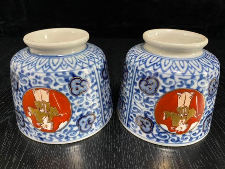 古伊万里　色絵　蓋付き蒸し物碗　人物画　２客揃い