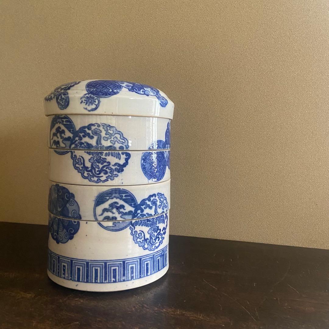 明治　印判陶器御重　4段重箱　丸型　骨董