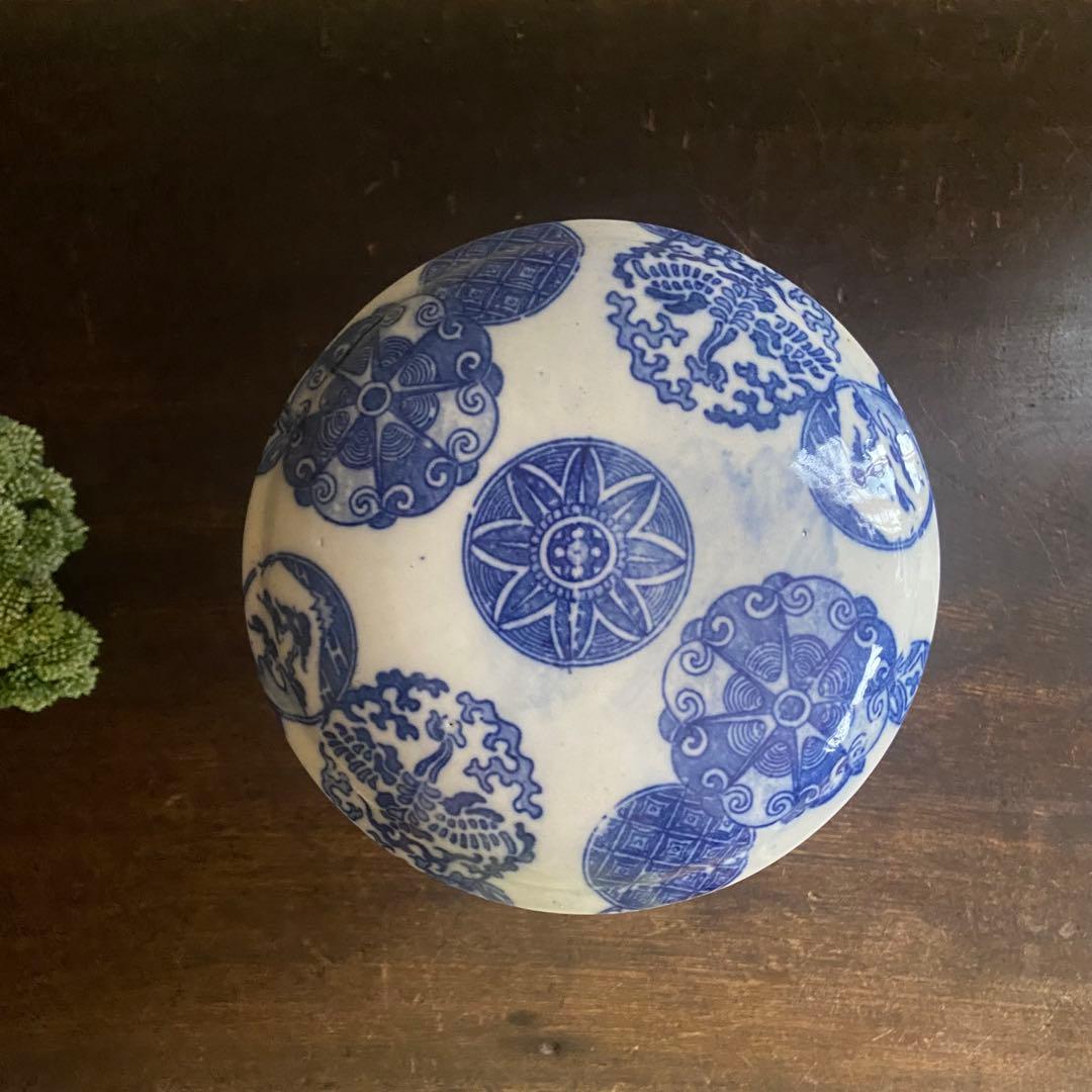 明治　印判陶器御重　4段重箱　丸型　骨董