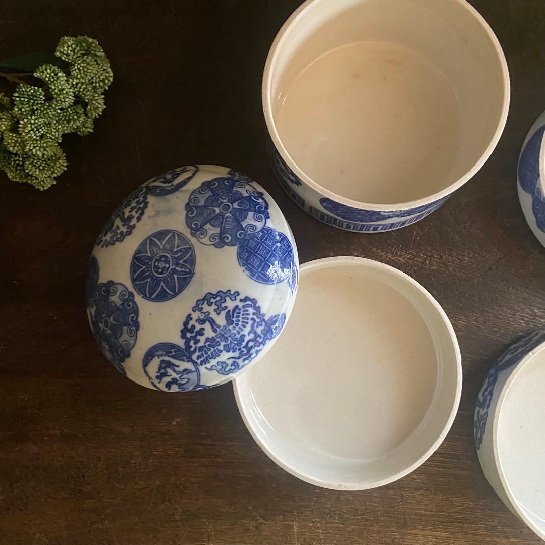 明治　印判陶器御重　4段重箱　丸型　骨董