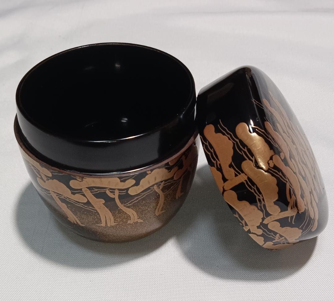 茶道具　蒔絵師政峰作　黒漆塗松並木蒔絵中棗　美品！！