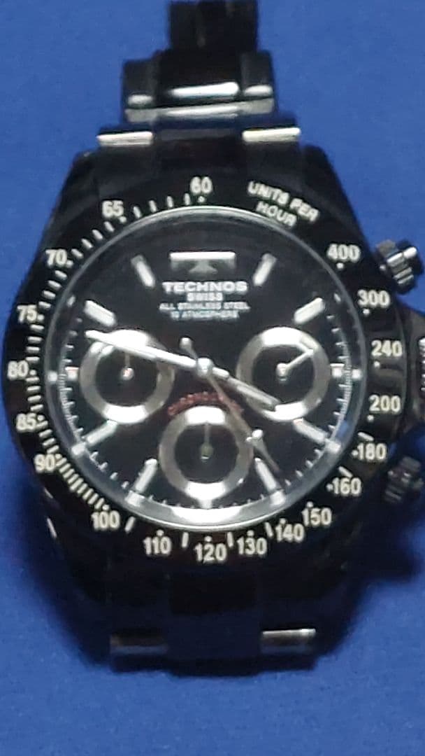 r*7様 TECHNOS ブラック クロノグラフ腕時計