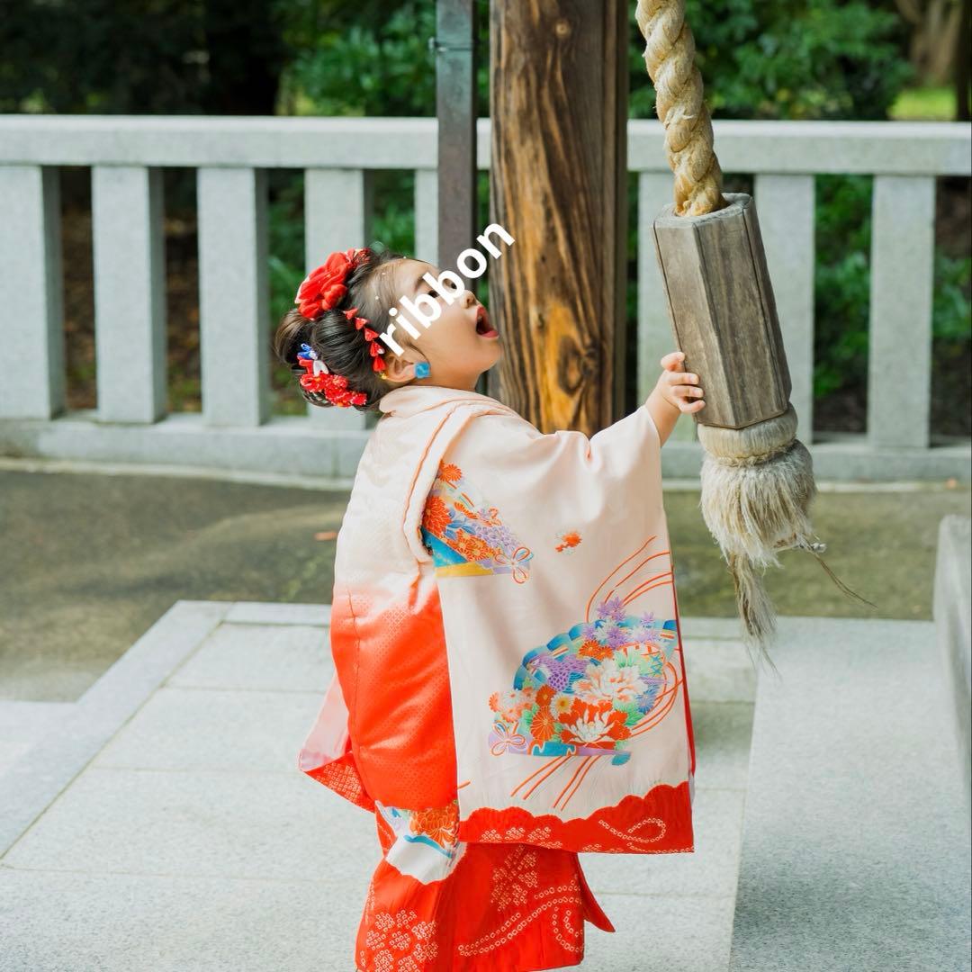 七五三3歳　お着物　赤　正絹　ヴィンテージ