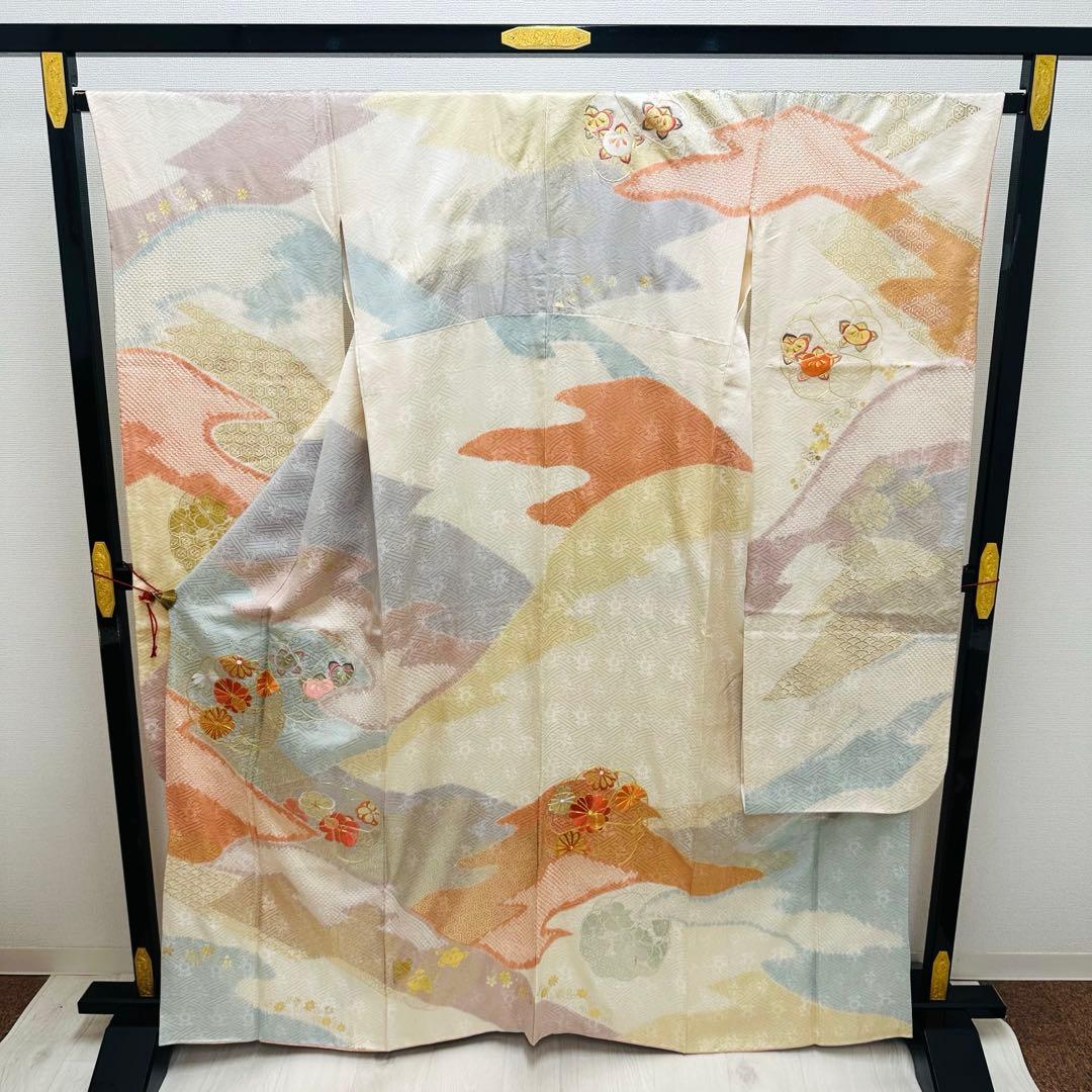 y*☆様 振袖 裄66 美しい刺繍に絞り 金駒刺繍 着物 正絹 広衿 RK-61