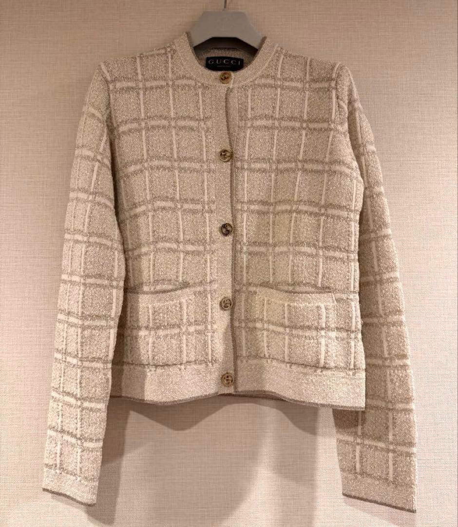 24AW/GUCCIチェック柄ラメウールジャガードジャケットグッチニットアウター