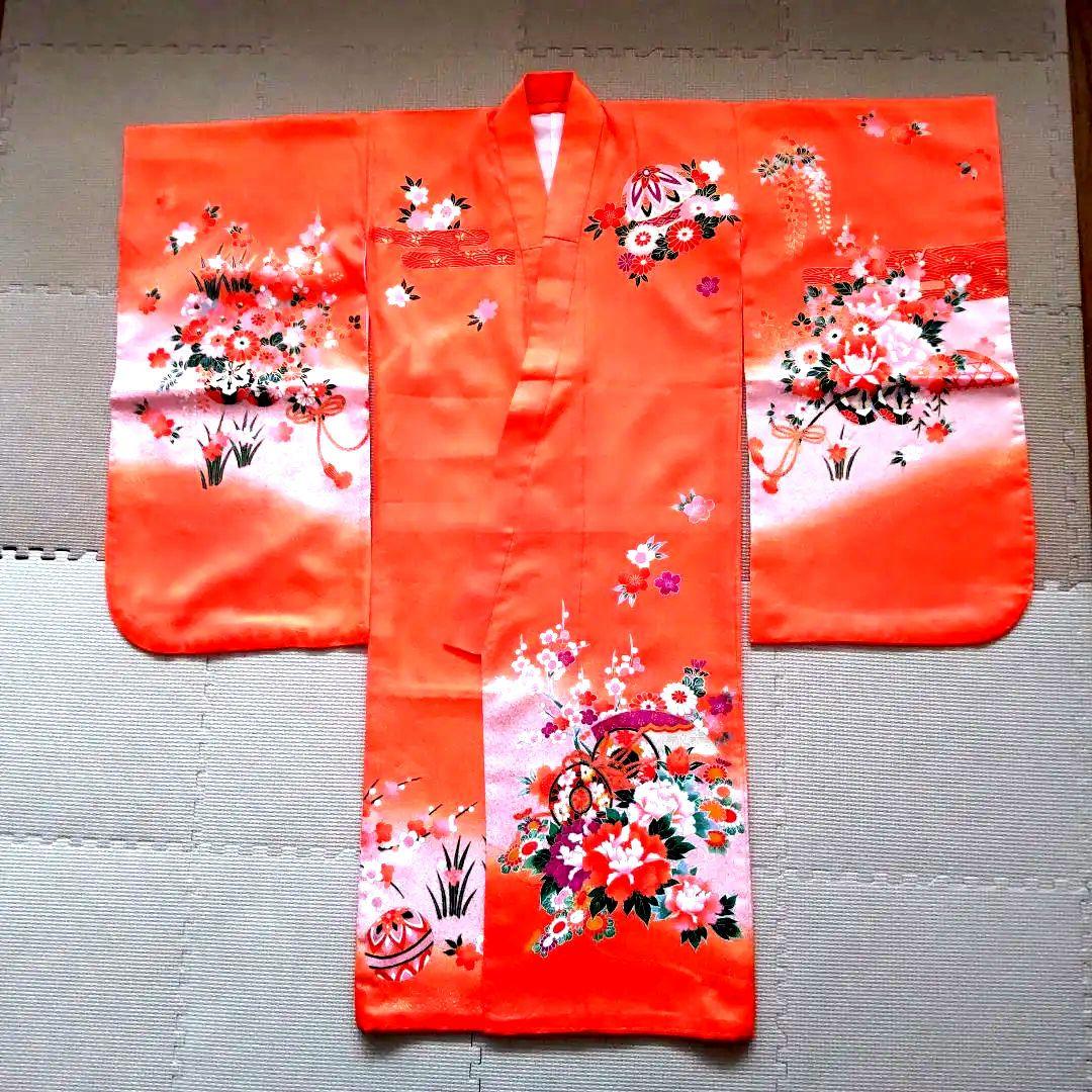 【オレンジ】七五三　3歳から5歳　帯　着物フルセット　女の子　朱色