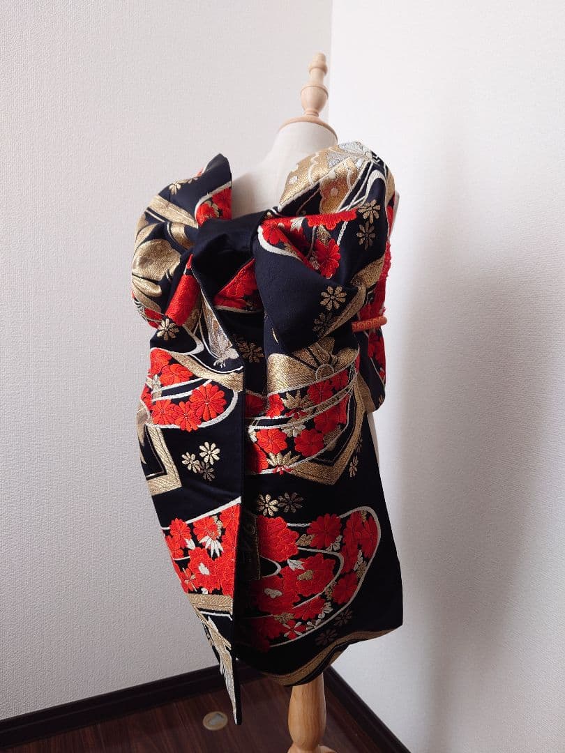 七五三　ジュニア帯　大人用正絹袋帯からの作り帯　1点物　だらり帯　蝶柄　黒