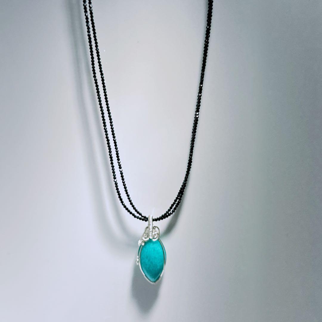 ワイヤーアマゾナイトペンダントブラックスピネルネックレス2連NO25-2415