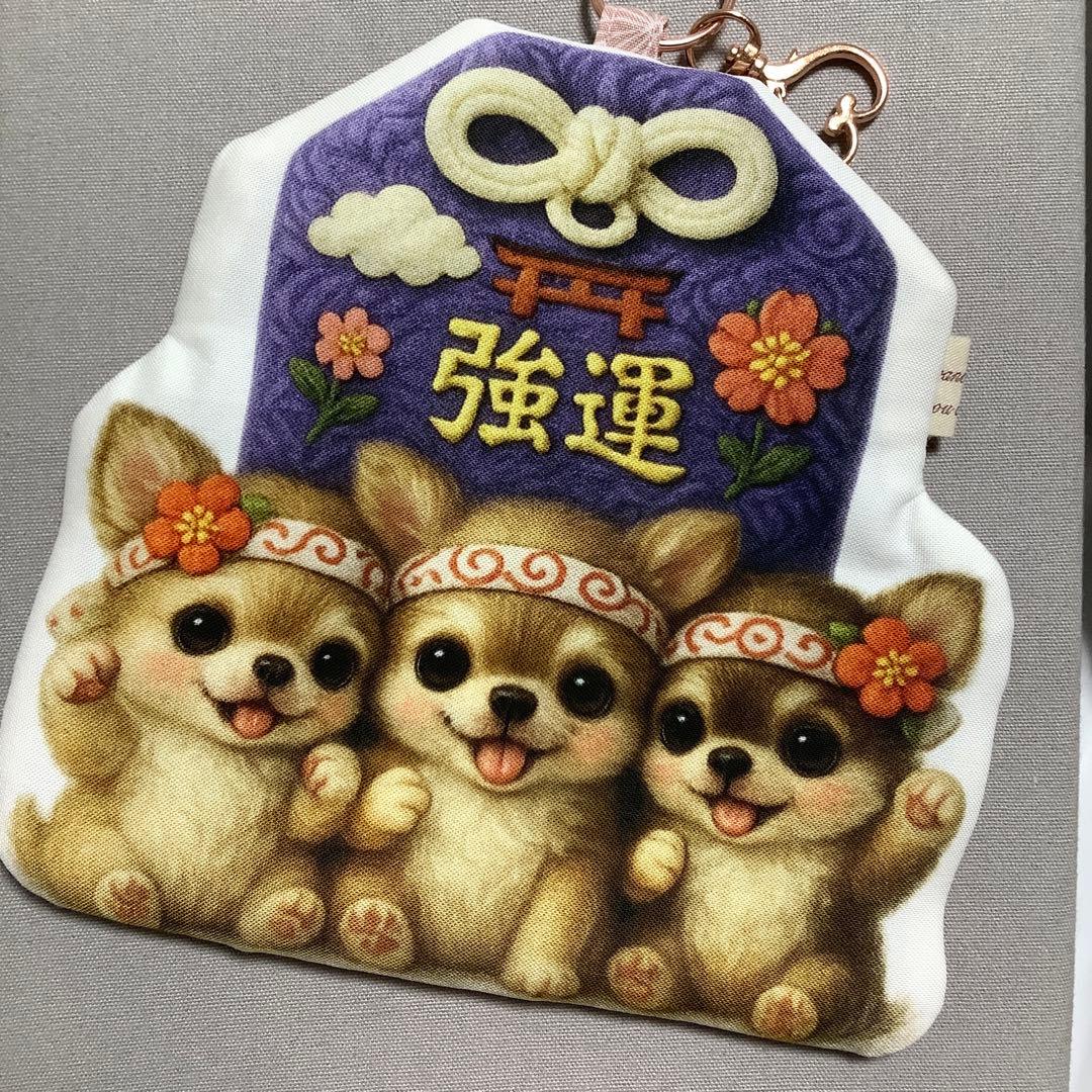 ハンドメイド　フラットポーチ　マスコットポーチ　パネル生地　ポメラニアン