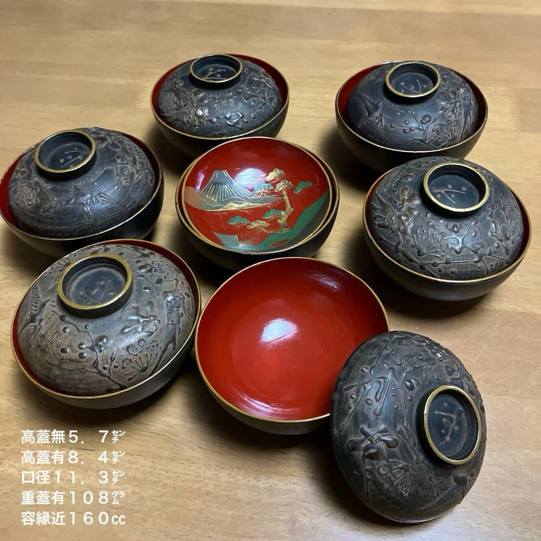 会津鉄錆塗（てつさびぬり）木製汁椀７客（明治〜大正時代）