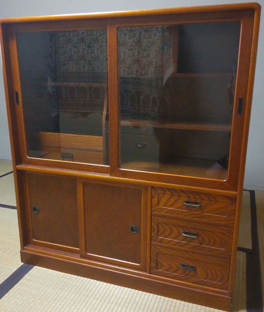 茶箪笥　和風木製ガラス扉収納棚