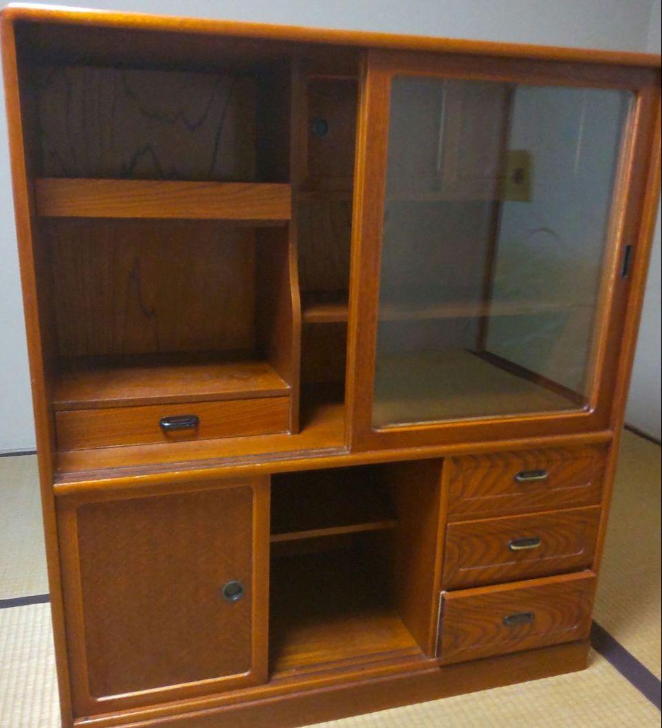 茶箪笥　和風木製ガラス扉収納棚