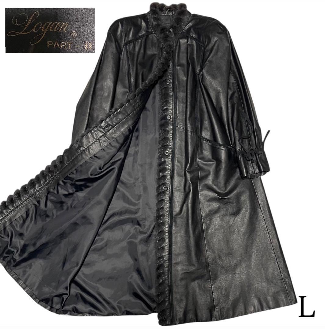 【vintage】牛革 マキシ丈カウレザー比翼ロングコート 日本製 ファー 黒L